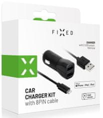 FIXED set punjača za auto, 2x USB, USB/Lightning kabel, 1 m, MFI certifikat, 15W Smart Rapid Charge, crna (FIXCC15-2UL-BK)