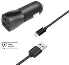 FIXED set punjača za auto, 2x USB, USB/Lightning kabel, 1 m, MFI certifikat, 15W Smart Rapid Charge, crna (FIXCC15-2UL-BK)