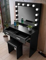 Aga Toaletni stolić s ogledalom i osvjetljenjem + tabure Mat Crni