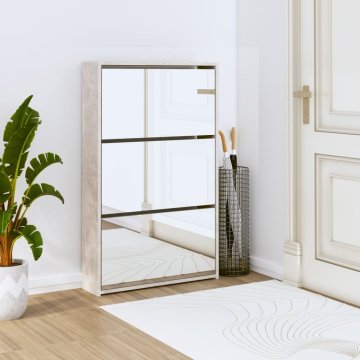 Vidaxl Ormarić za cipele s ogledalom i 3 ladice boje betona 63x17x102,5 cm