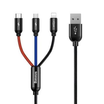 BASEUS Izdržljivi 3-u-1 USB microUSB iPhone Lightning USB-C 3.5A 1.2M crni kabel
