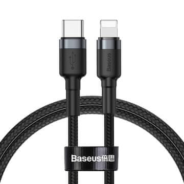 BASEUS Izdržljivi najlonski kabel USB-C PD za iPhone Lightning 18W QC3.0 1m crno-sivi