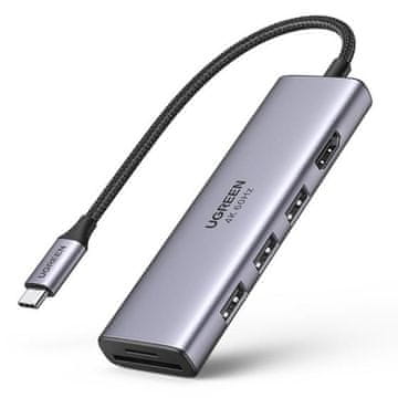 Ugreen 6u1 višenamjenski USB-C HUB - 3x USB HDMI 4K čitač SD i TF kartica sivi