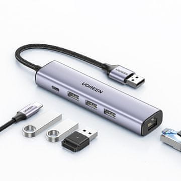 Ugreen Višenamjenski HUB adapter razdjelnik USB 3.0 - 3x USB Ethernet RJ-45 USB-C PD sivi
