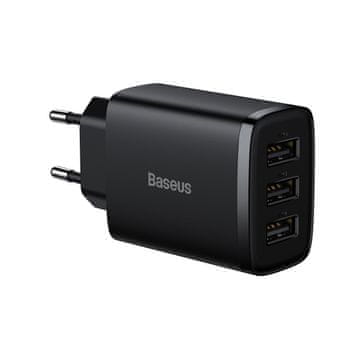 BASEUS Kompaktni crni zidni punjač s 3 USB-a od 17 W