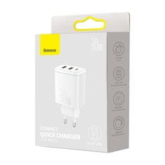 BASEUS Compact punjač USB-C / 2x USB 30W 3A PD QC, bijela