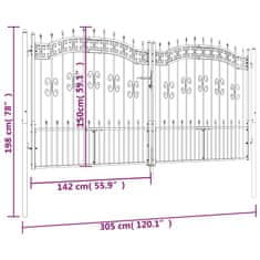 Vidaxl Vrata za ogradu s kopljem na vrhu crna 305 x 150 cm čelik s praškastim premazom