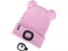 Extol Light LED svjetlosni šešir 43458 kapa s naglavnom lampom 4x25lm, USB punjenje, roza sa šljokicama i pomponima, dječja