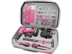 Extol Light Akumulatorska bušilica/odvijač (402403) s čekićem, ružičasto, 12V Li-ion, 2000mAh, u kutiji za alat, set od 27 dijelova