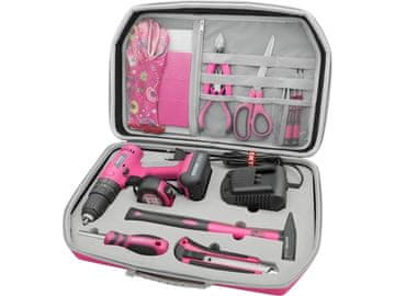 Extol Light Akumulatorska bušilica/odvijač (402403) s čekićem, ružičasto, 12V Li-ion, 2000mAh, u kutiji za alat, set od 27 dijelova