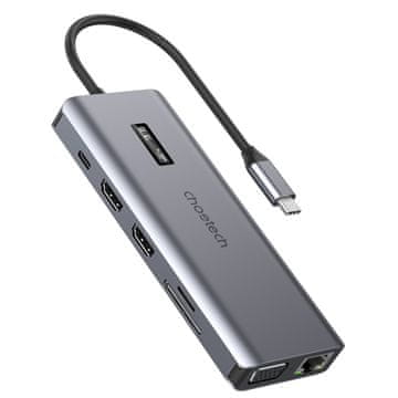 Choetech Višenamjenski HUB adapter s zaslonom USB-C USB-A VGA AUX SD TF 12u1 sivi
