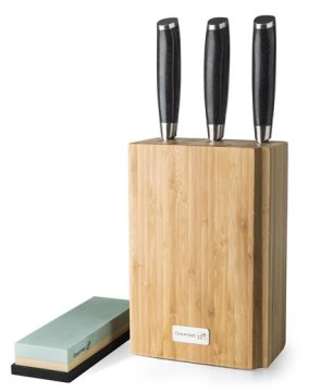 G21 Noževi Gourmet Damascus u bambus bloku 3 kom + kamen za brušenje