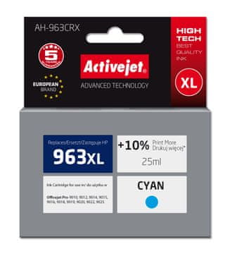 ActiveJet Zamjenska tinta Activejet AH-963CRX za HP 963XL 3JA27AE, Premium, 1760 stranica, 25 ml, cijan