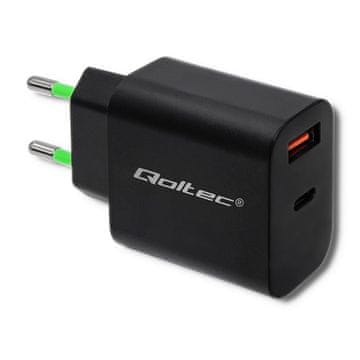 Qoltec Zidni Punjač 18W | 5-12V | 1,5-3A | USB Tip C PD | USB QC 3.0 | Crni