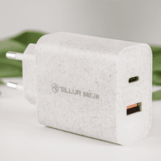 Tellur Green Dual Port punjač, 38 W, Type-C PD20 W + USB QC3.0, Cream