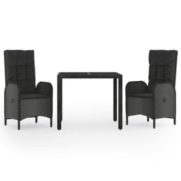 Vidaxl 3-dijelni vrtni blagovaonski set s jastucima od poliratana crni